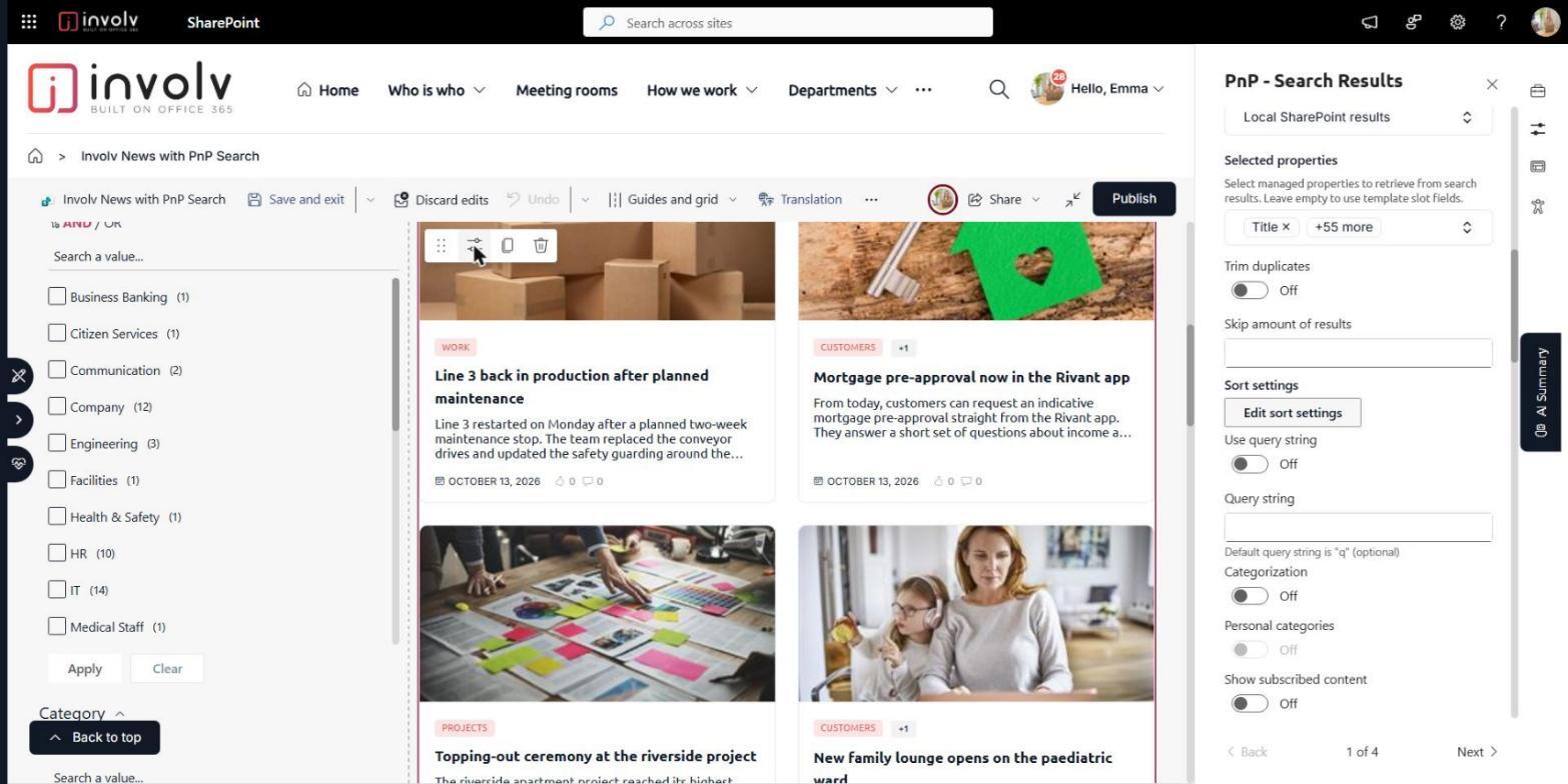 PnP Search Results property pane on page 1 with the Edit sort settings button under Sort settings