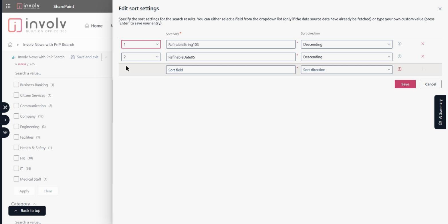 Edit sort settings window with RefinableString103 as sort field 1 and RefinableDate05 as sort field 2, both descending