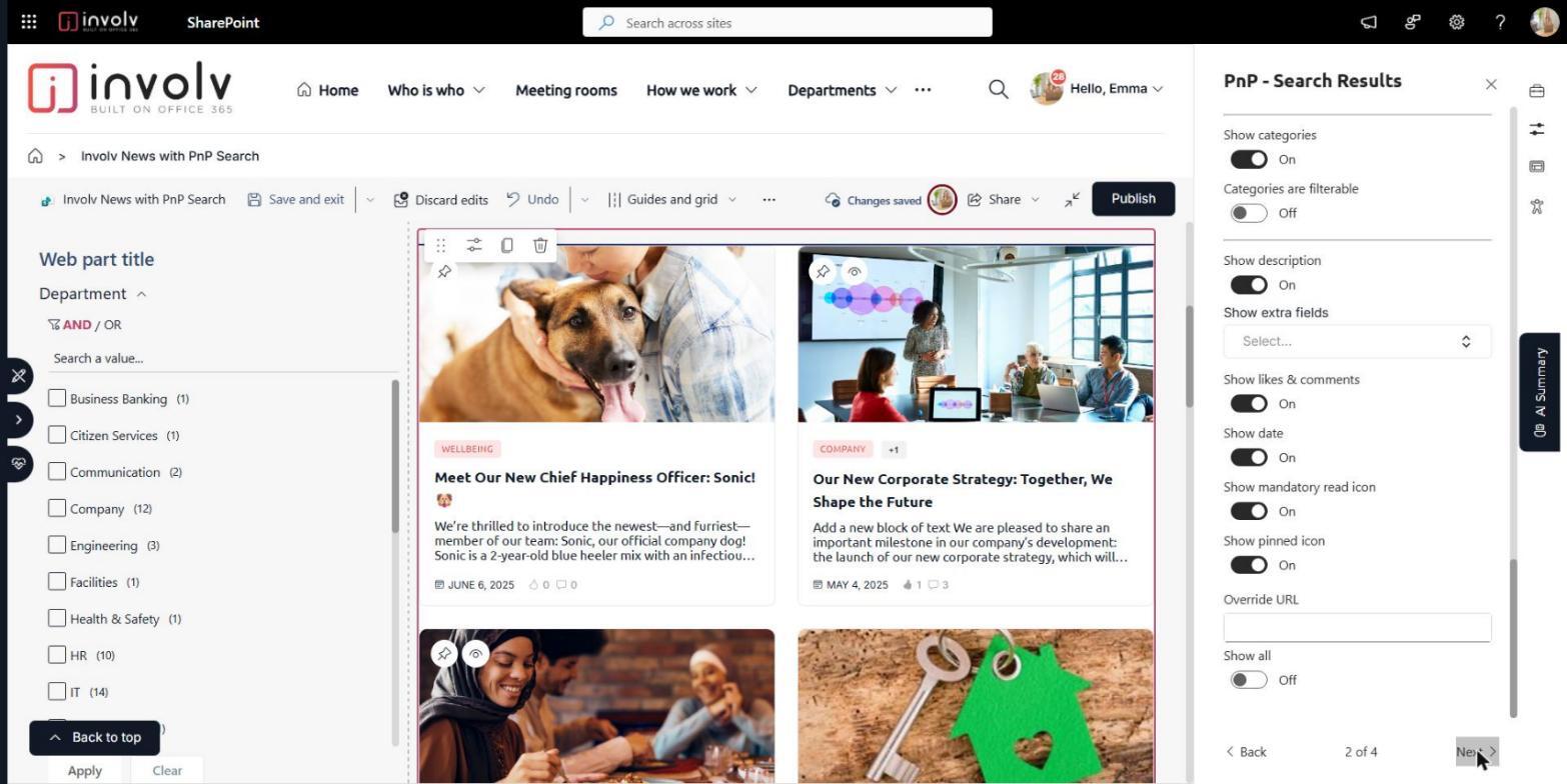Page 2 of the PnP Search Results property pane with Show pinned icon switched on, next to the news feed with pinned articles