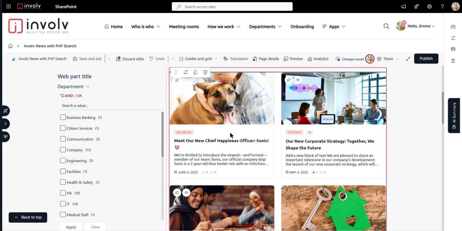 News feed with older articles marked as Important pinned at the top, each with a pin icon